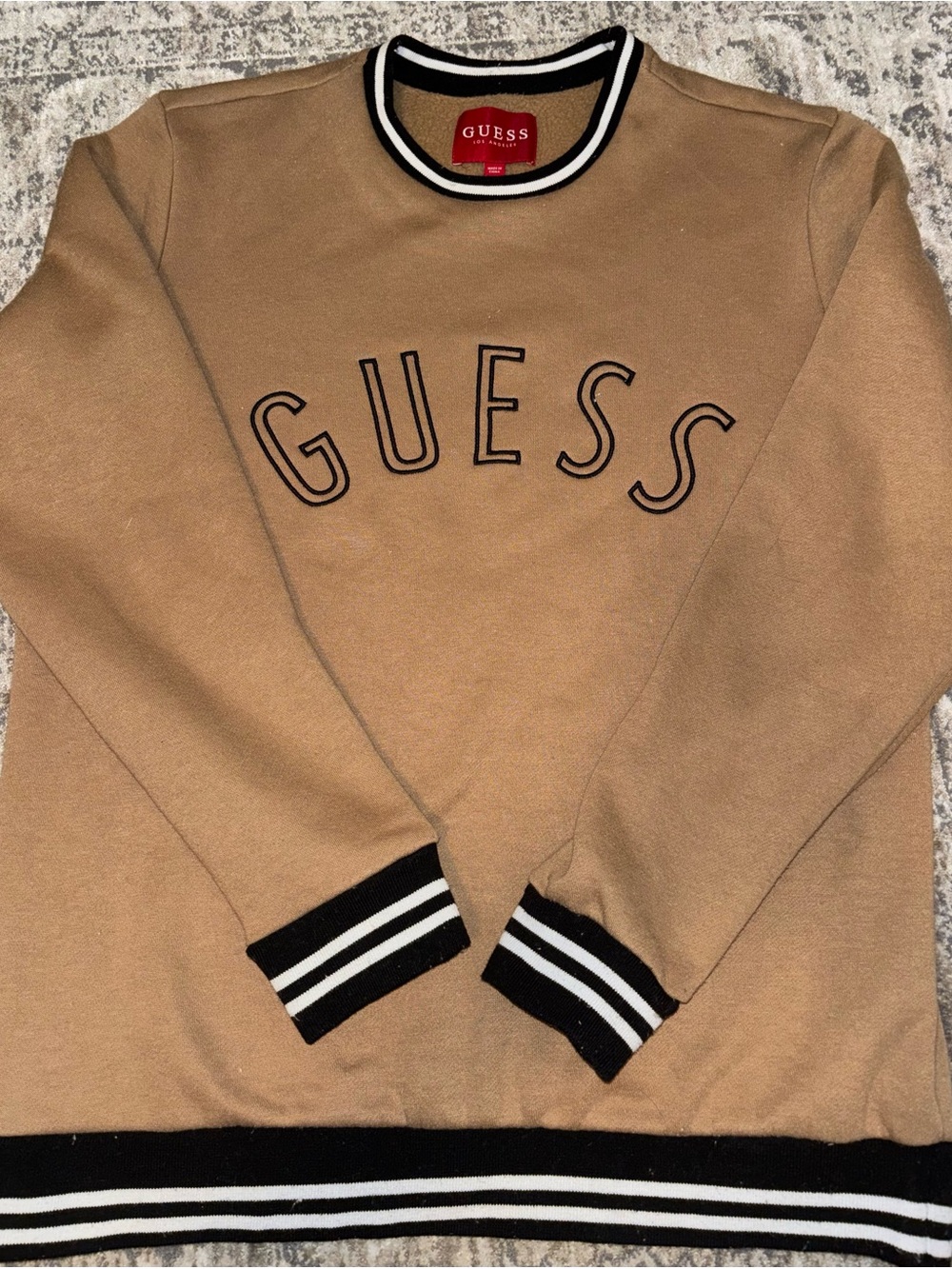 GUESS Men’s Camel Crewneck Sweater with Black & White Trim